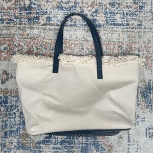 NEIMAN MARCUS Cream and Navy Canvas Tote